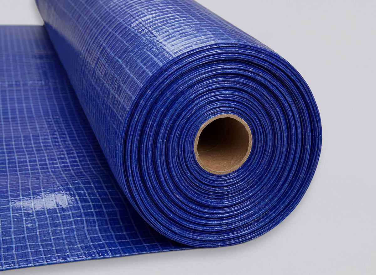Close-up of DPALEX blue roof sheeting showing the reinforced scrim grid