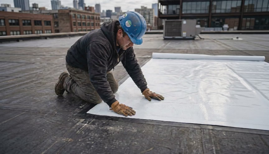 Load video: A video of a worker installing the adhesive tarp on a commercial roof.