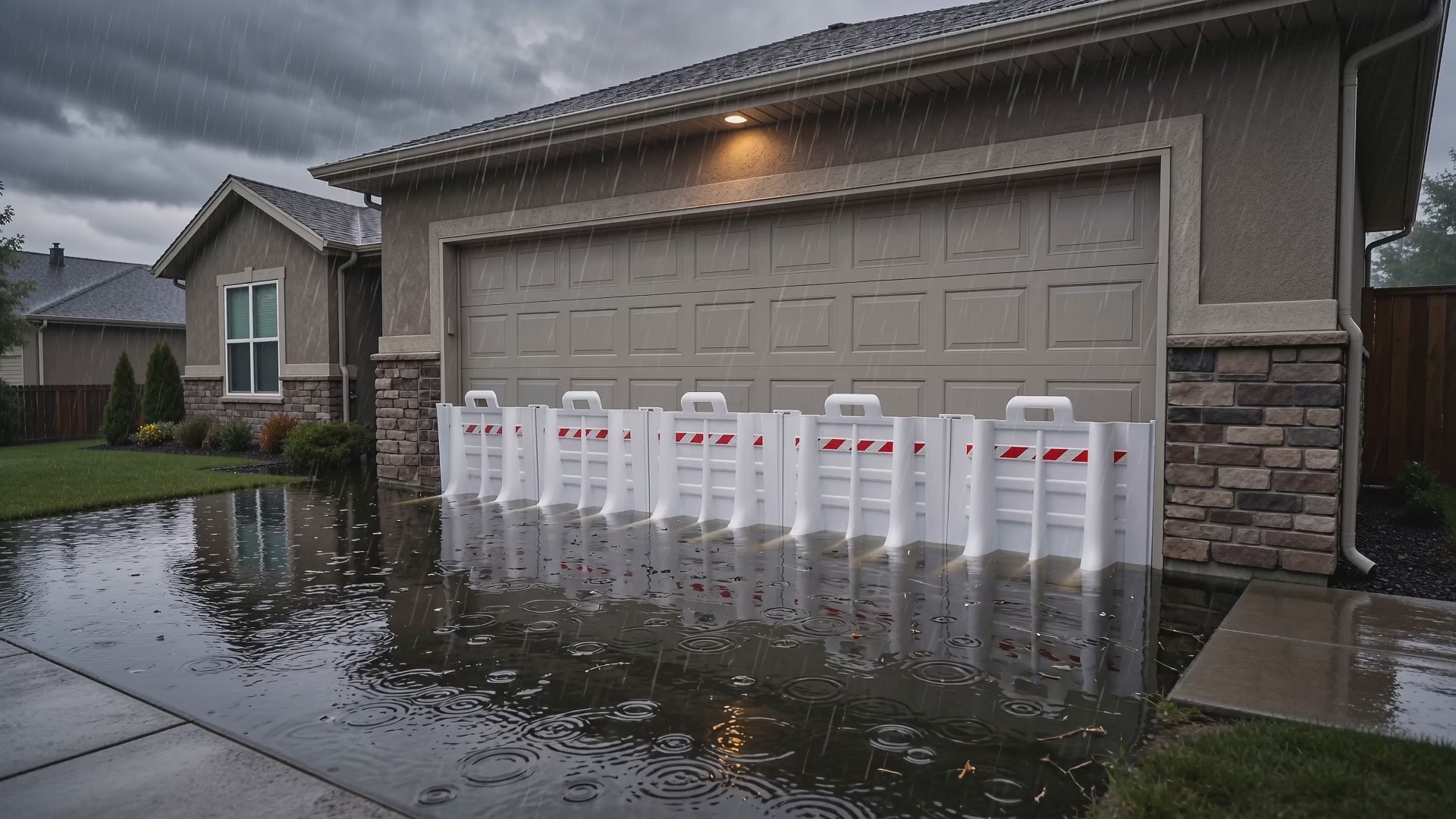 Load video: A video of a home in a rain storm with a blue tarp on the roof.