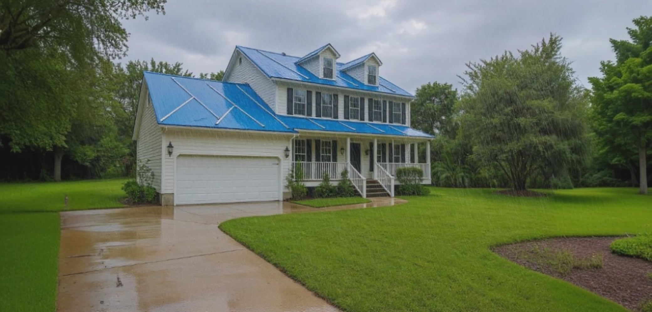 Load video: A video of a home in a rain storm with blue plastic sheeting on the roof.