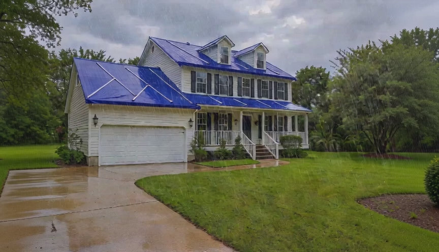 Load video: A video of a home in a rain storm with blue plastic sheeting on the roof.