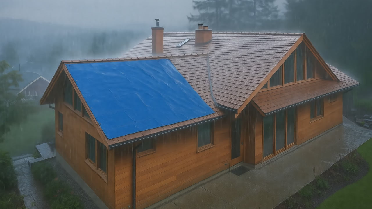 Load video: A video of a home in a rain storm with a blue tarp on the roof.